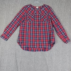 DULUTH TRADING CO WOMENS RED BLUE PLAID FREE SWINGIN FLANNEL BUTTON UP LARGE